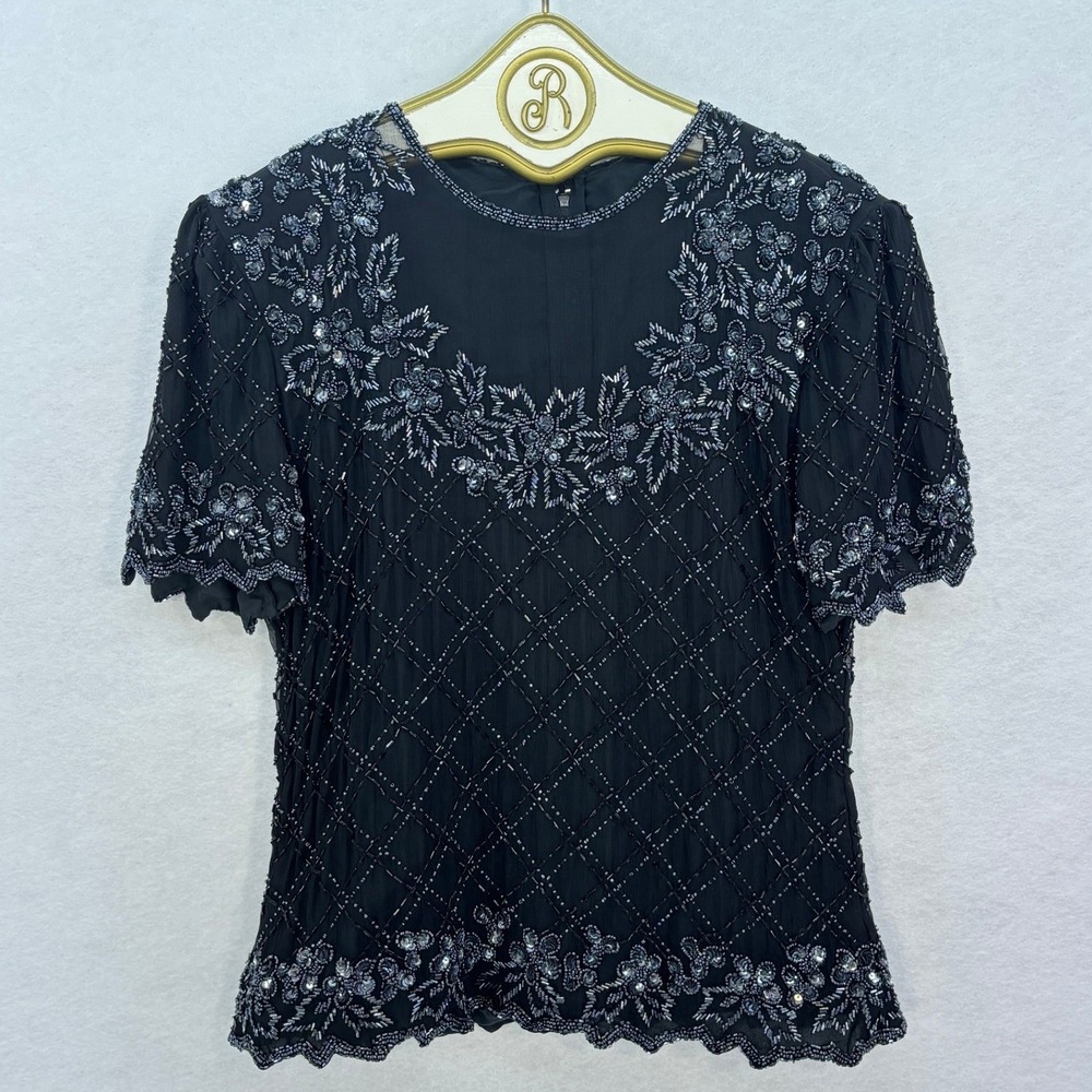 Vintage Beaded Blouse MEDIUM Black‎ Short Sleeve Evening Top Formal Party